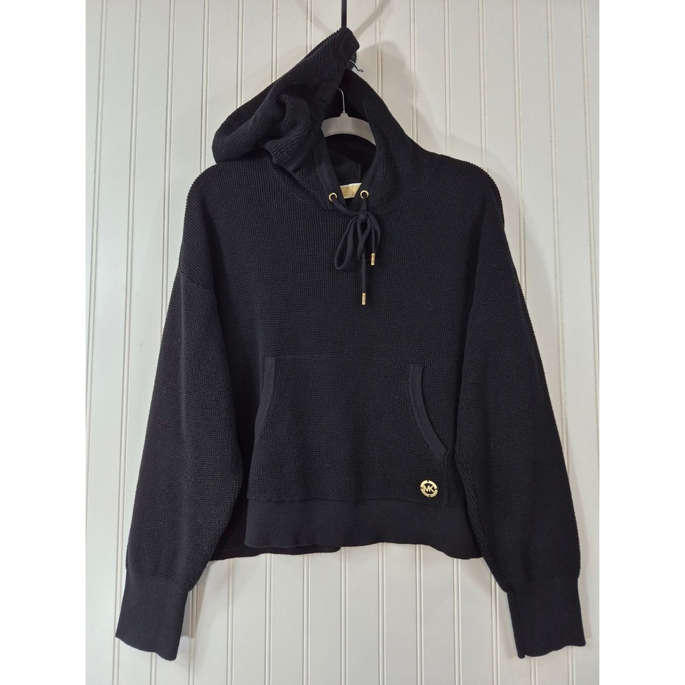 Michael Kors Black Waffle Knit Hoodie Gold Logo Pullover Cropped Sweater Medium
